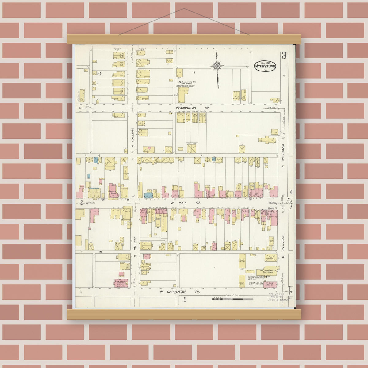 Old map wall art mockup — magnetic wood frame on brick wall — Sanborn Fire Insurance Map from Myerstown, Lebanon County, Pennsylvania (1913), Sheet #0003