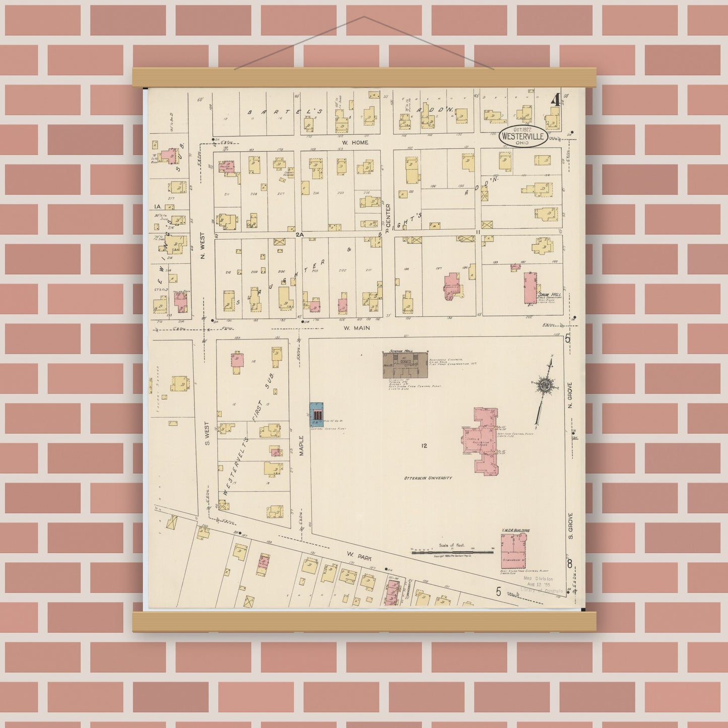 Old map wall art mockup — magnetic wood frame on brick wall — Sanborn Fire Insurance Map from Westerville, Franklin County, Ohio (1922), Sheet #0004