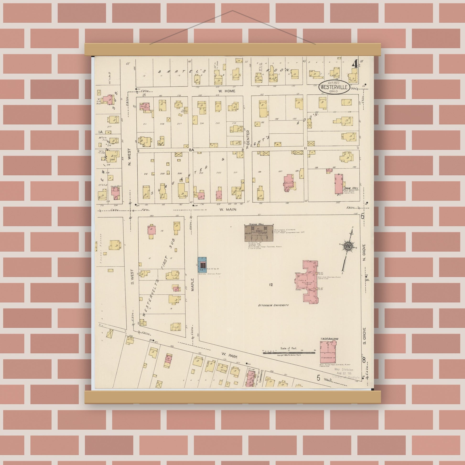 Old map wall art mockup — magnetic wood frame on brick wall — Sanborn Fire Insurance Map from Westerville, Franklin County, Ohio (1922), Sheet #0004