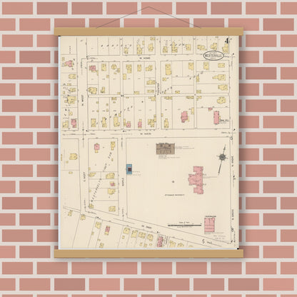 Old map wall art mockup — magnetic wood frame on brick wall — Sanborn Fire Insurance Map from Westerville, Franklin County, Ohio (1922), Sheet #0004