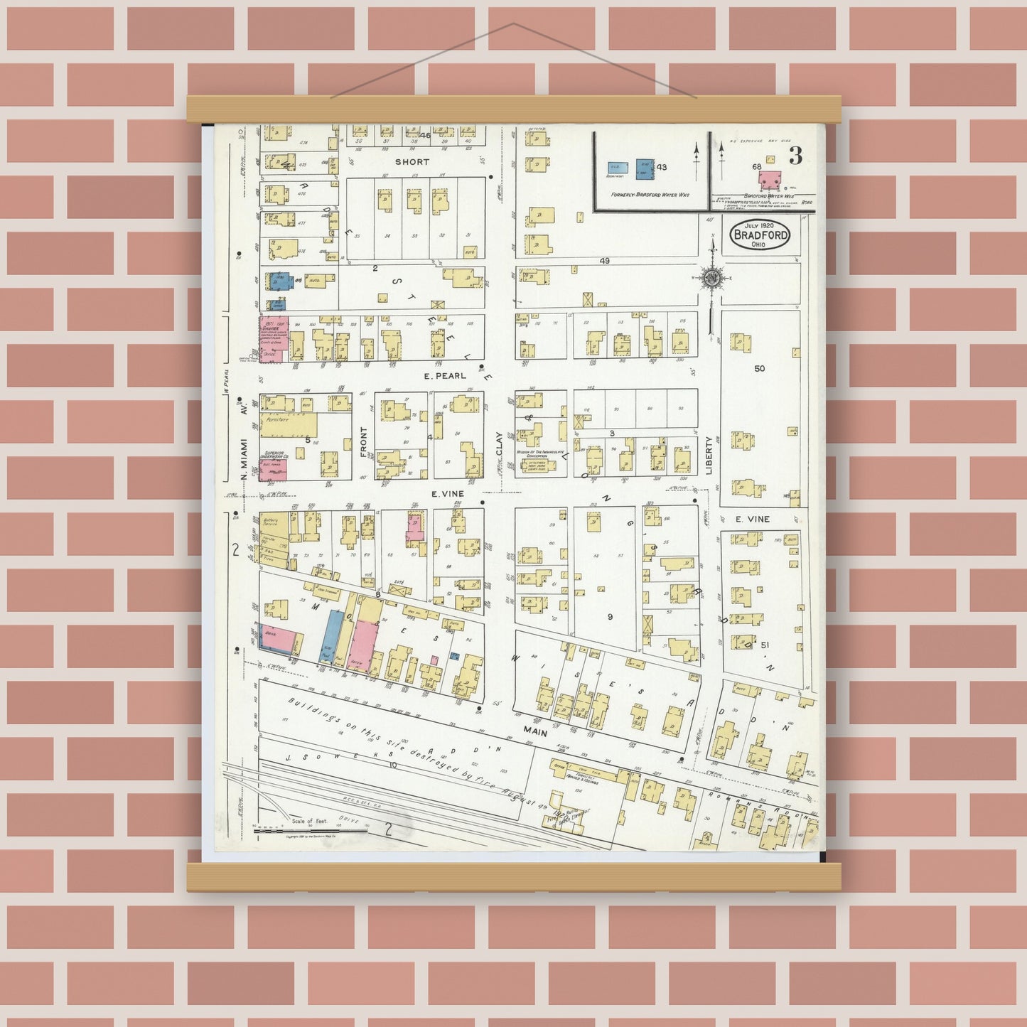 Old map wall art mockup — magnetic wood frame on brick wall — Sanborn Fire Insurance Map from Bradford, Darke and Miami Counties, Ohio (1920), Sheet #0003