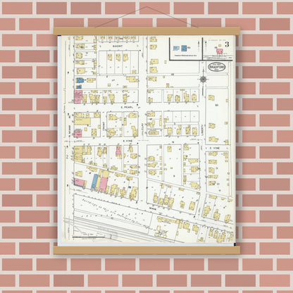 Old map wall art mockup — magnetic wood frame on brick wall — Sanborn Fire Insurance Map from Bradford, Darke and Miami Counties, Ohio (1920), Sheet #0003