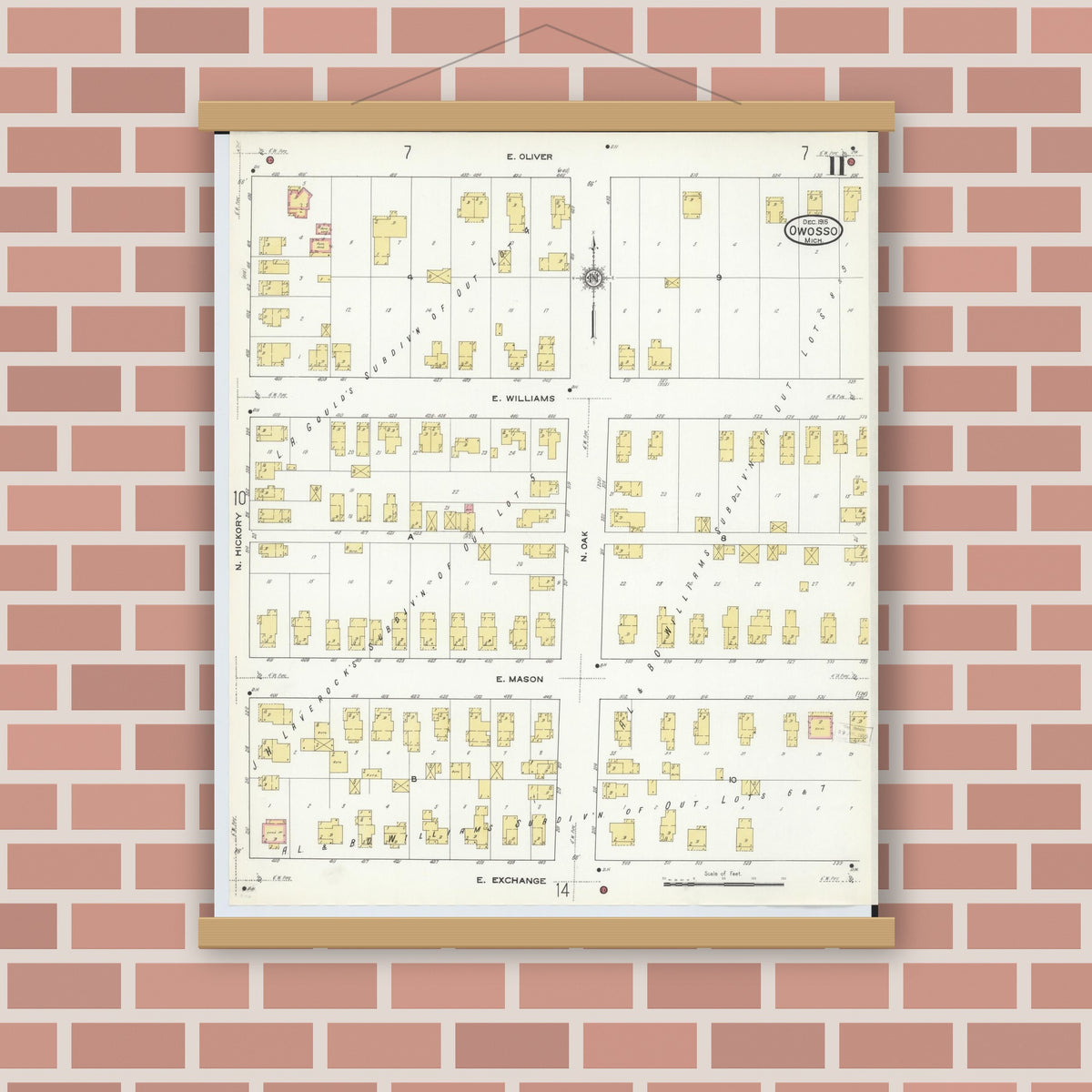 Old map wall art mockup — magnetic wood frame on brick wall — Sanborn Fire Insurance Map from Owosso, Shiawassee County, Michigan (1915), Sheet #0011