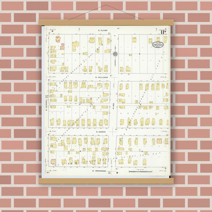 Old map wall art mockup — magnetic wood frame on brick wall — Sanborn Fire Insurance Map from Owosso, Shiawassee County, Michigan (1915), Sheet #0011