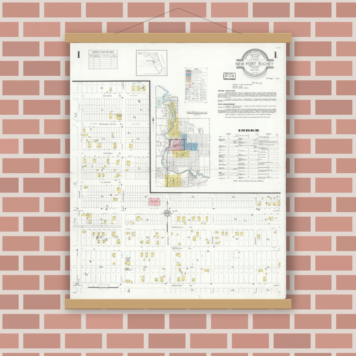 Old map wall art mockup — magnetic wood frame on brick wall — Sanborn Fire Insurance Map from New Port Richey, Pasco County, Florida (1933), Sheet #0001