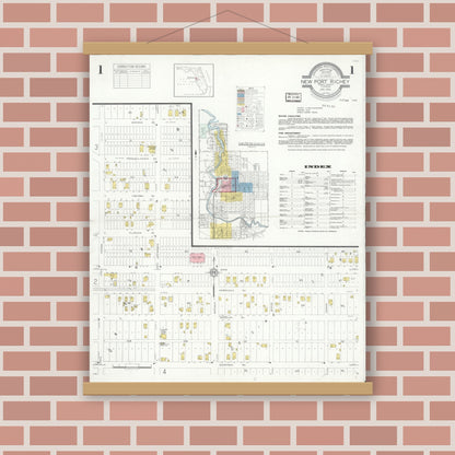 Old map wall art mockup — magnetic wood frame on brick wall — Sanborn Fire Insurance Map from New Port Richey, Pasco County, Florida (1933), Sheet #0001
