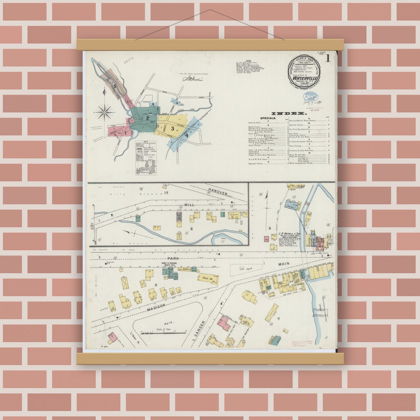 Old map wall art mockup — magnetic wood frame on brick wall — Sanborn Fire Insurance Map from Waterville, Oneida County, New York (1894), Sheet #0001