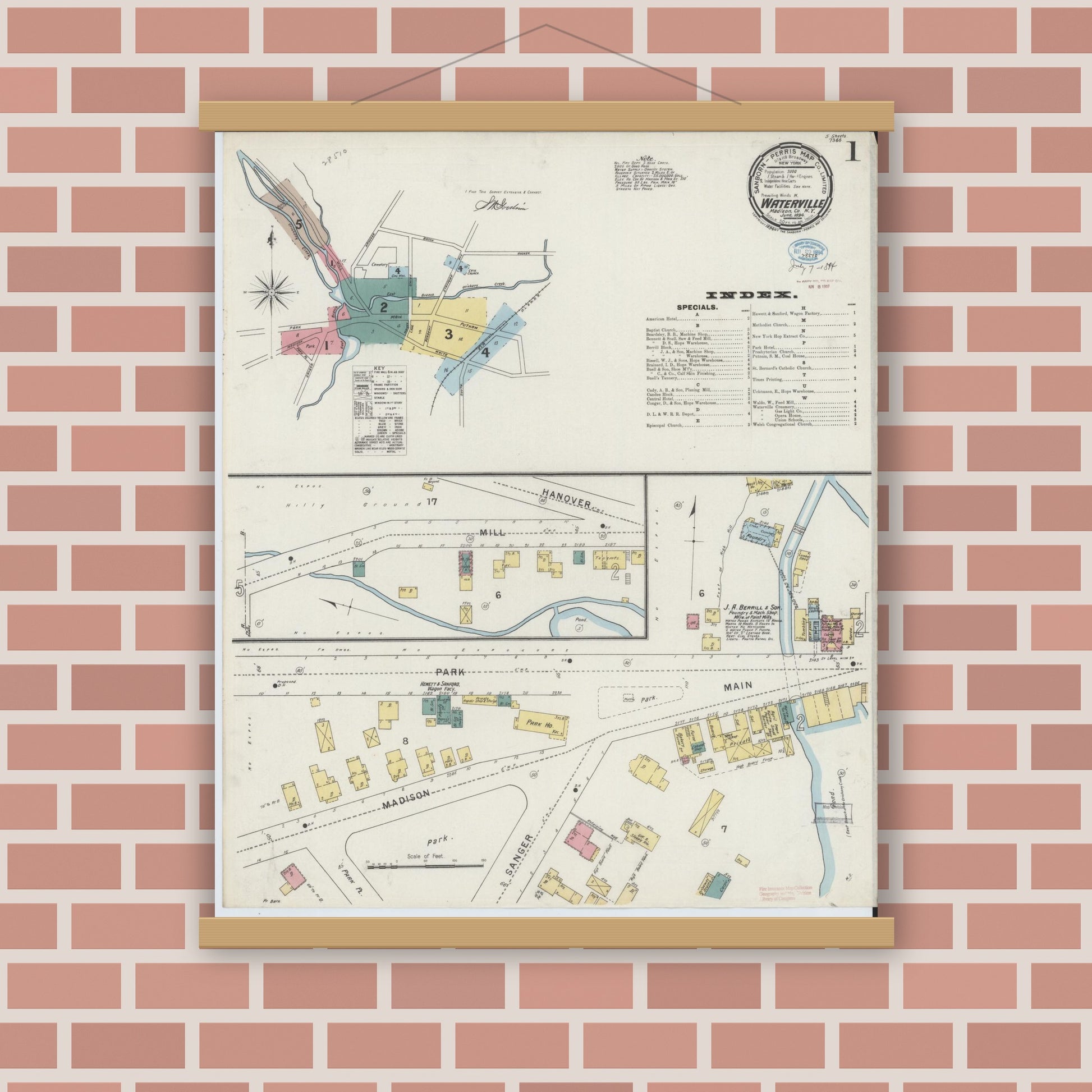 Old map wall art mockup — magnetic wood frame on brick wall — Sanborn Fire Insurance Map from Waterville, Oneida County, New York (1894), Sheet #0001