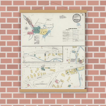 Old map wall art mockup — magnetic wood frame on brick wall — Sanborn Fire Insurance Map from Waterville, Oneida County, New York (1894), Sheet #0001
