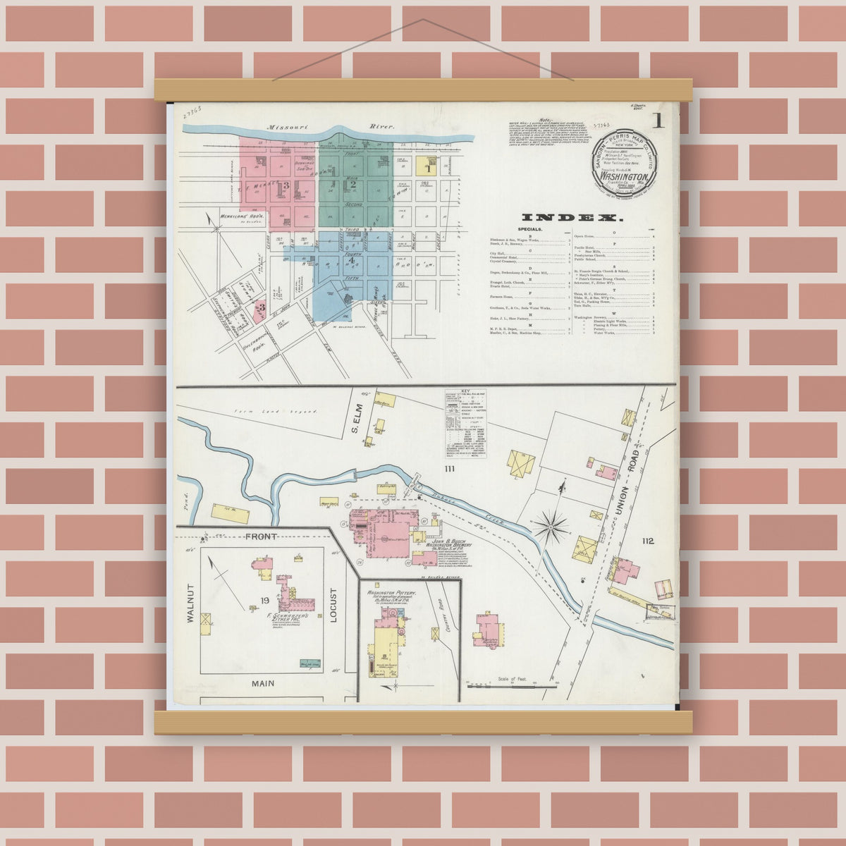Old map wall art mockup — magnetic wood frame on brick wall — Sanborn Fire Insurance Map from Washington, Franklin County, Missouri (1893), Sheet #0001