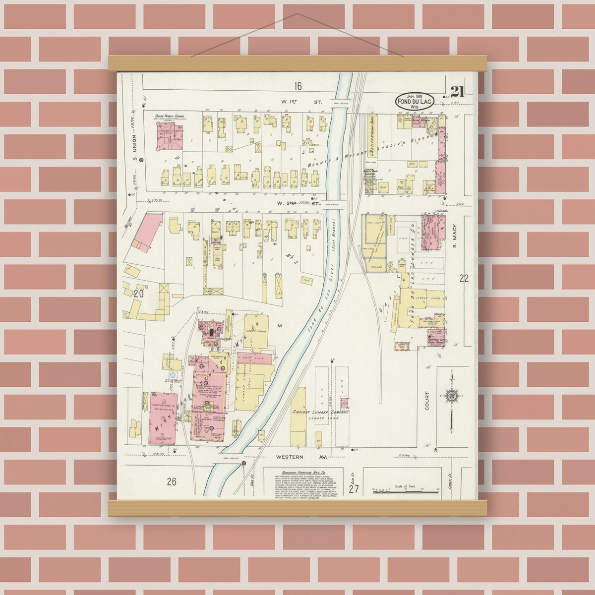Old map wall art mockup — magnetic wood frame on brick wall — Sanborn Fire Insurance Map from Fond du Lac, Fond du Lac County, Wisconsin (1915), Sheet #0021
