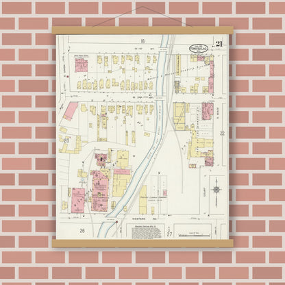 Old map wall art mockup — magnetic wood frame on brick wall — Sanborn Fire Insurance Map from Fond du Lac, Fond du Lac County, Wisconsin (1915), Sheet #0021