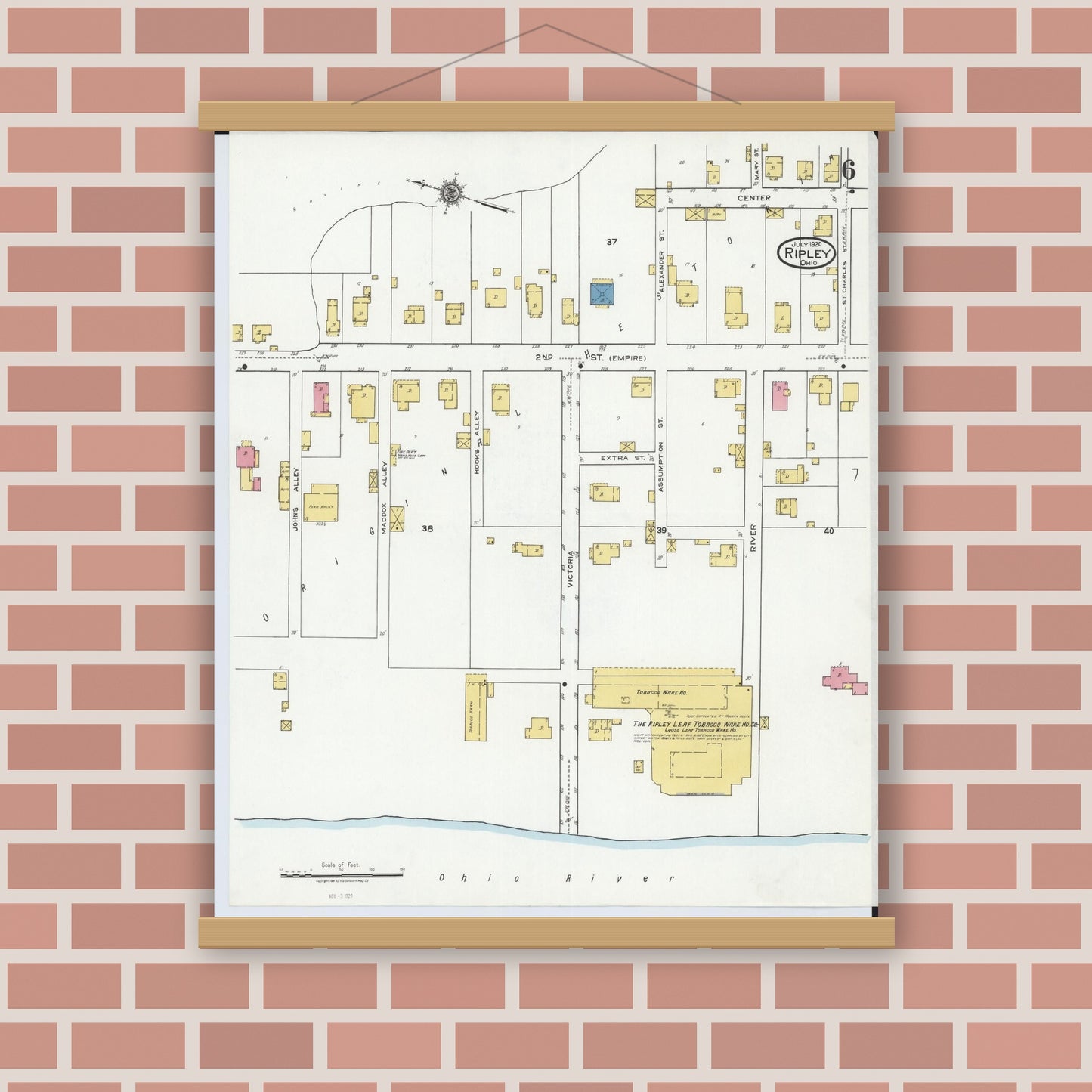 Old map wall art mockup — magnetic wood frame on brick wall — Sanborn Fire Insurance Map from Ripley, Brown County, Ohio (1920), Sheet #0006