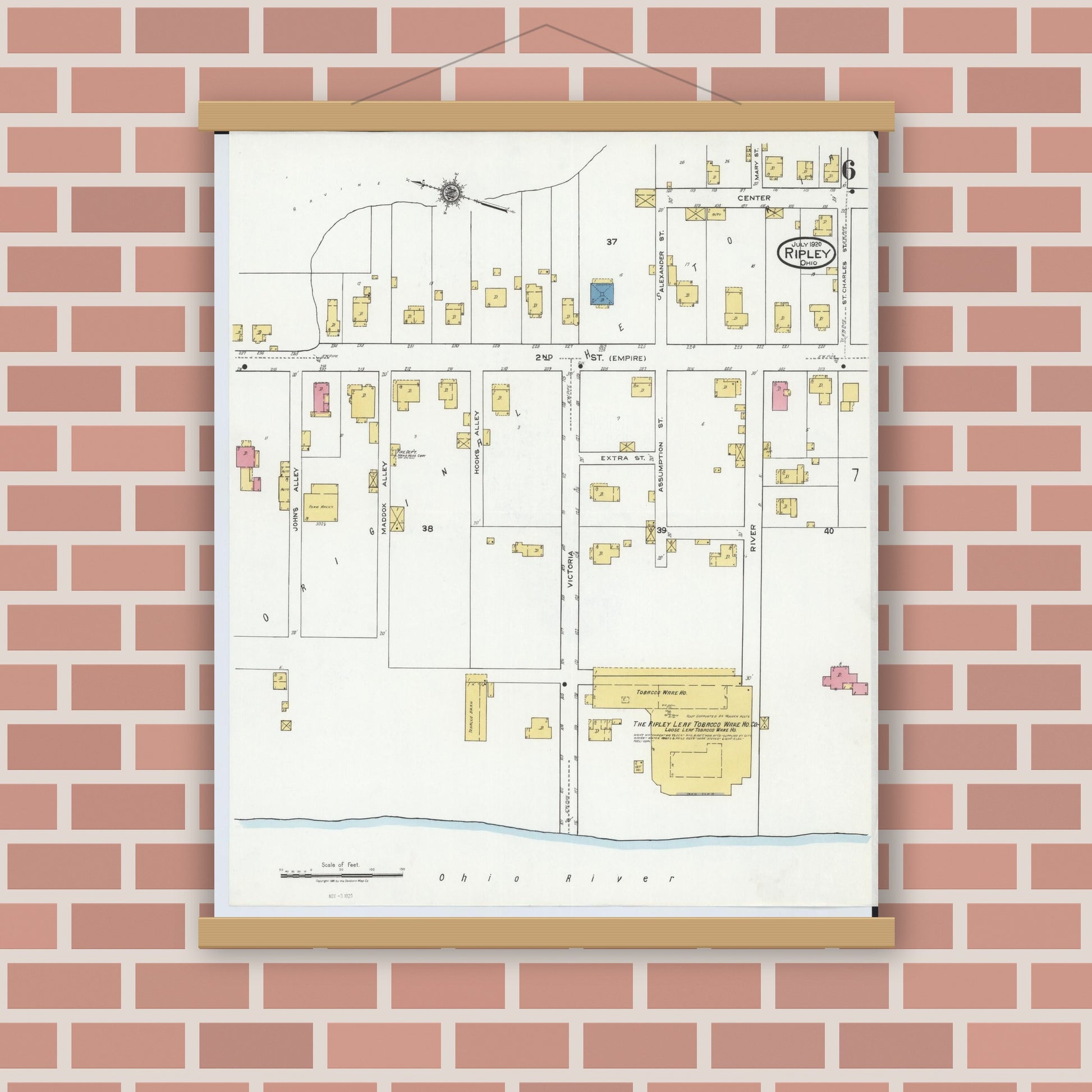 Old map wall art mockup — magnetic wood frame on brick wall — Sanborn Fire Insurance Map from Ripley, Brown County, Ohio (1920), Sheet #0006