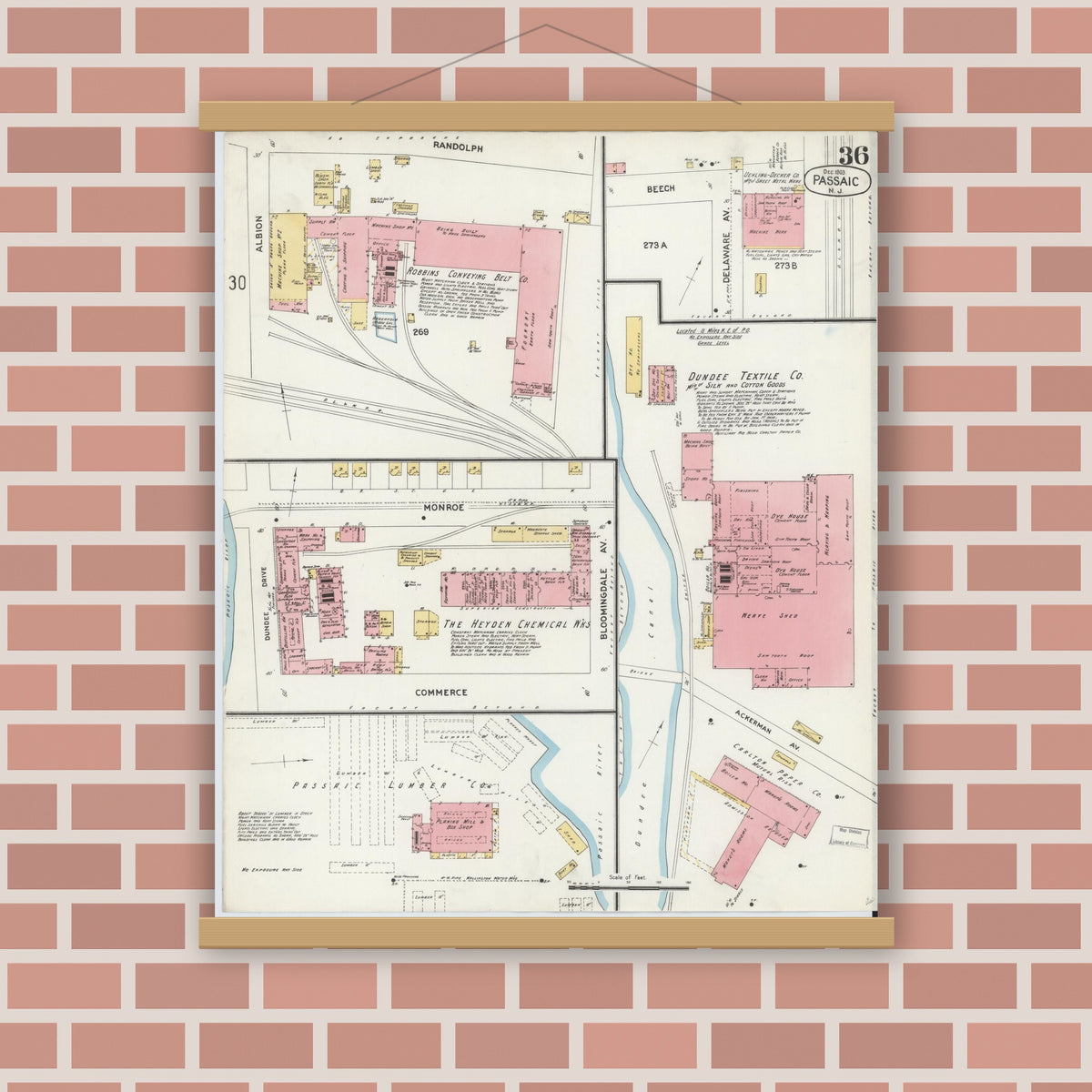 Old map wall art mockup — magnetic wood frame on brick wall — Sanborn Fire Insurance Map from Passaic, Passaic County, New Jersey (1903), Sheet #0036