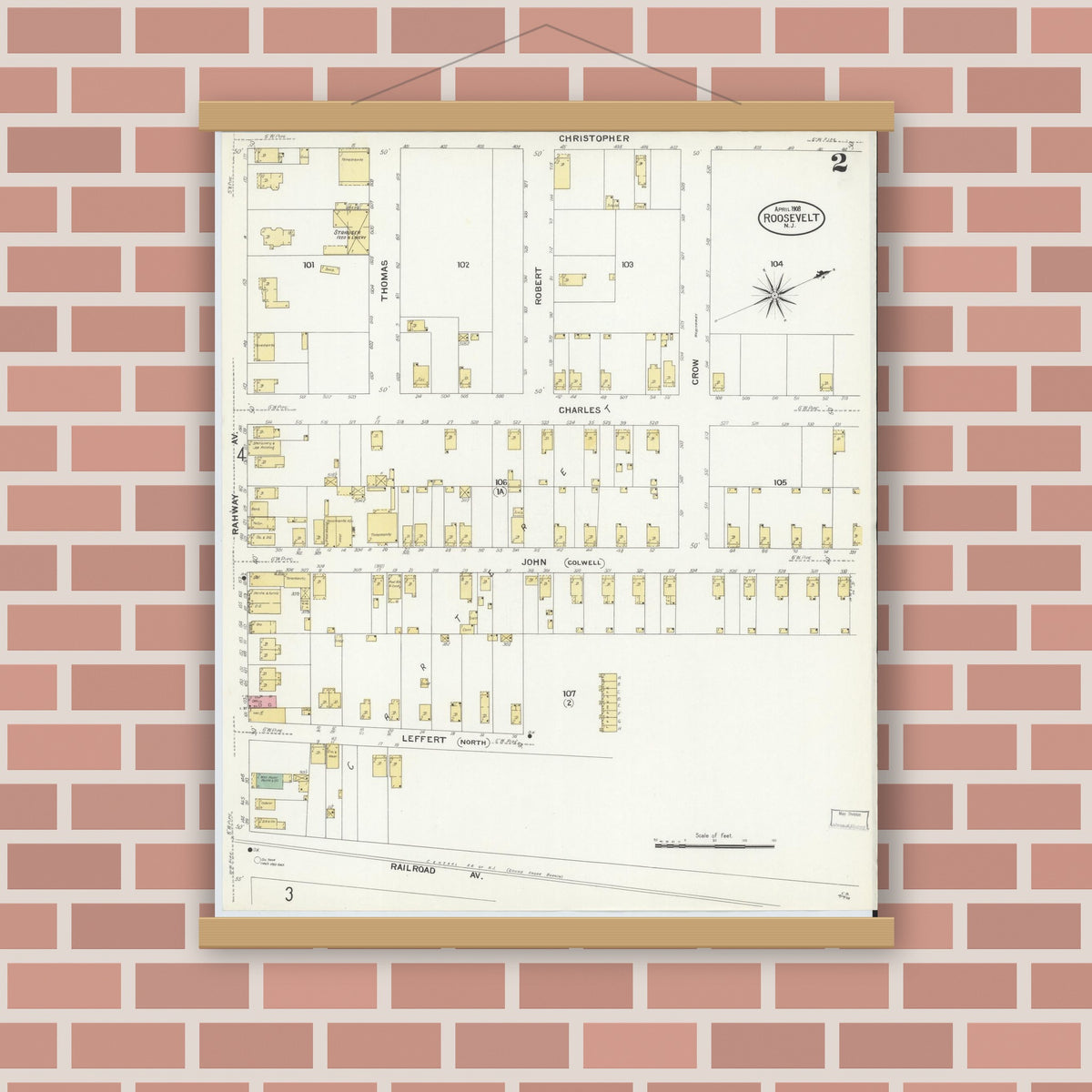 Old map wall art mockup — magnetic wood frame on brick wall — Sanborn Fire Insurance Map from Roosevelt, Middlesex County, New Jersey (1908), Sheet #0002