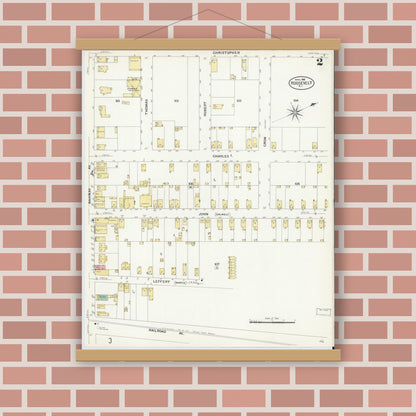 Old map wall art mockup — magnetic wood frame on brick wall — Sanborn Fire Insurance Map from Roosevelt, Middlesex County, New Jersey (1908), Sheet #0002