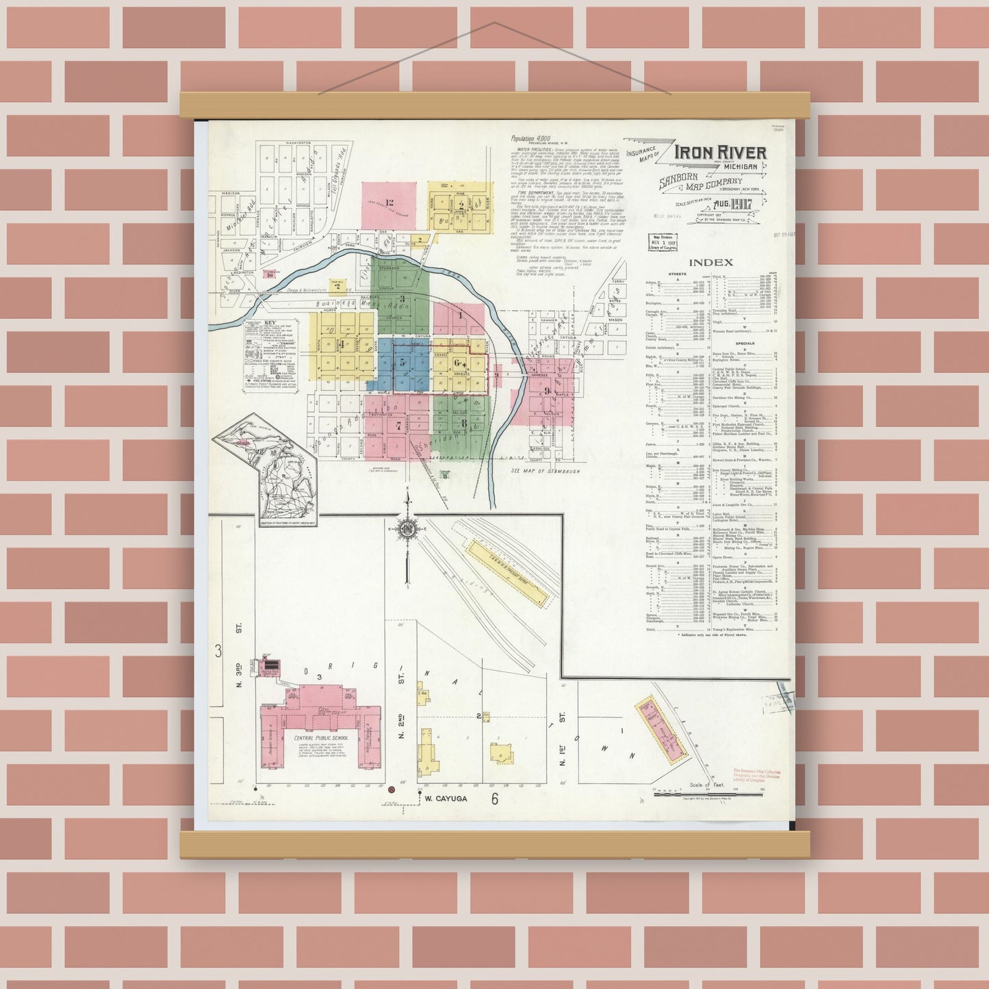 Old map wall art mockup — magnetic wood frame on brick wall — Sanborn Fire Insurance Map from Iron River, Iron County, Michigan (1917) - Complete Map Set
