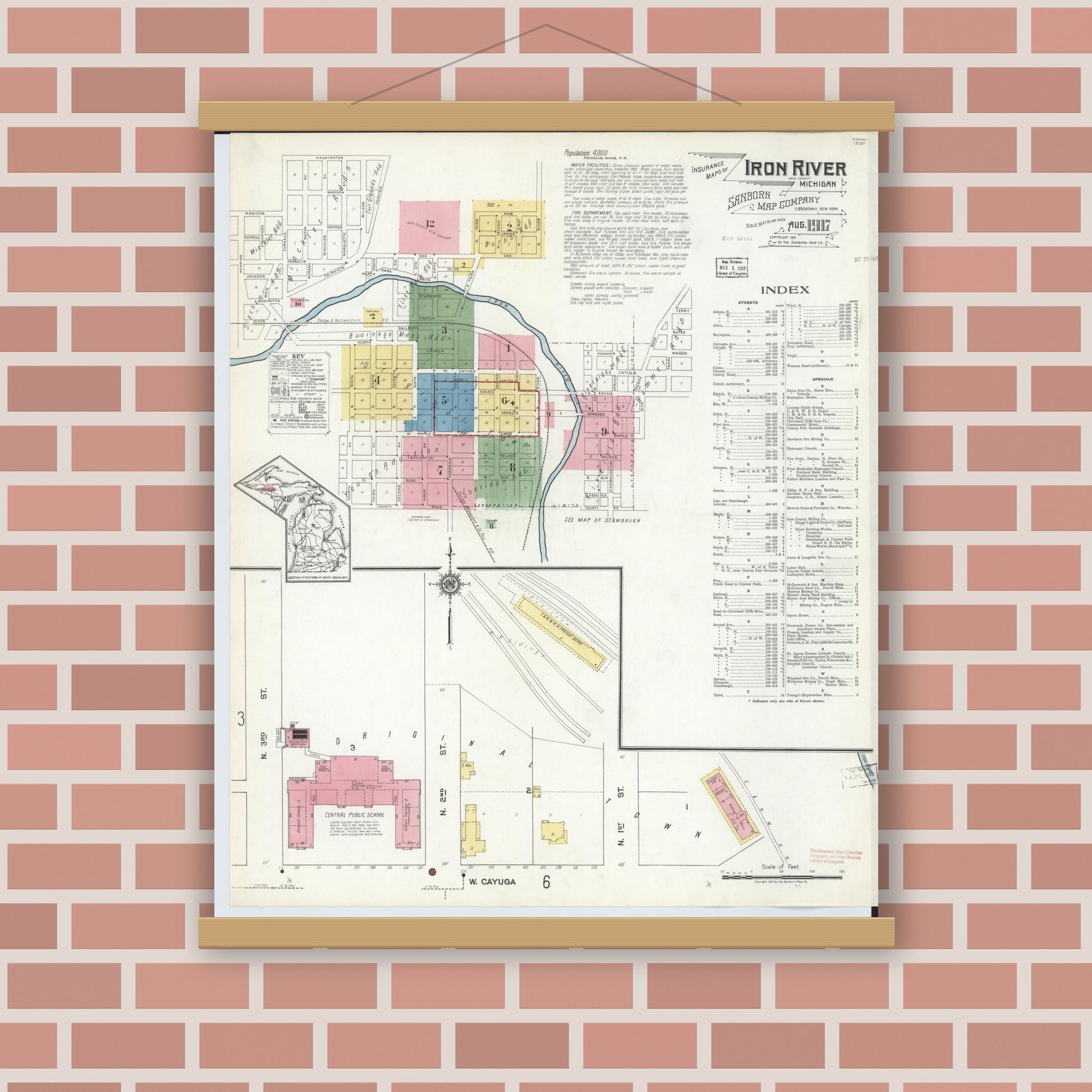 Old map wall art mockup — magnetic wood frame on brick wall — Sanborn Fire Insurance Map from Iron River, Iron County, Michigan (1917) - Complete Map Set