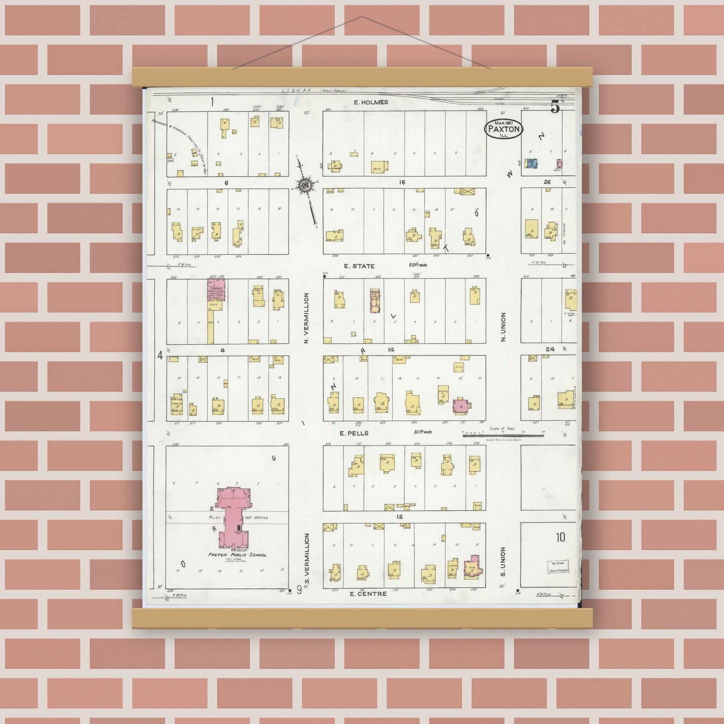 Old map wall art mockup — magnetic wood frame on brick wall — Sanborn Fire Insurance Map from Paxton, Ford County, Illinois (1921), Sheet #0005