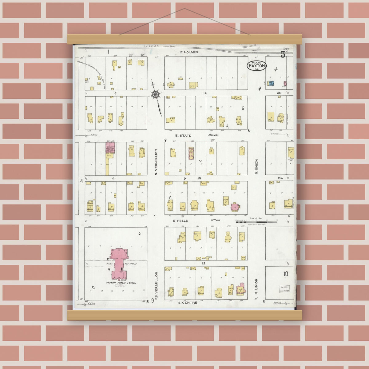 Old map wall art mockup — magnetic wood frame on brick wall — Sanborn Fire Insurance Map from Paxton, Ford County, Illinois (1921), Sheet #0005