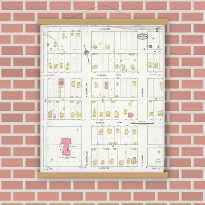 Old map wall art mockup — magnetic wood frame on brick wall — Sanborn Fire Insurance Map from Paxton, Ford County, Illinois (1921), Sheet #0005