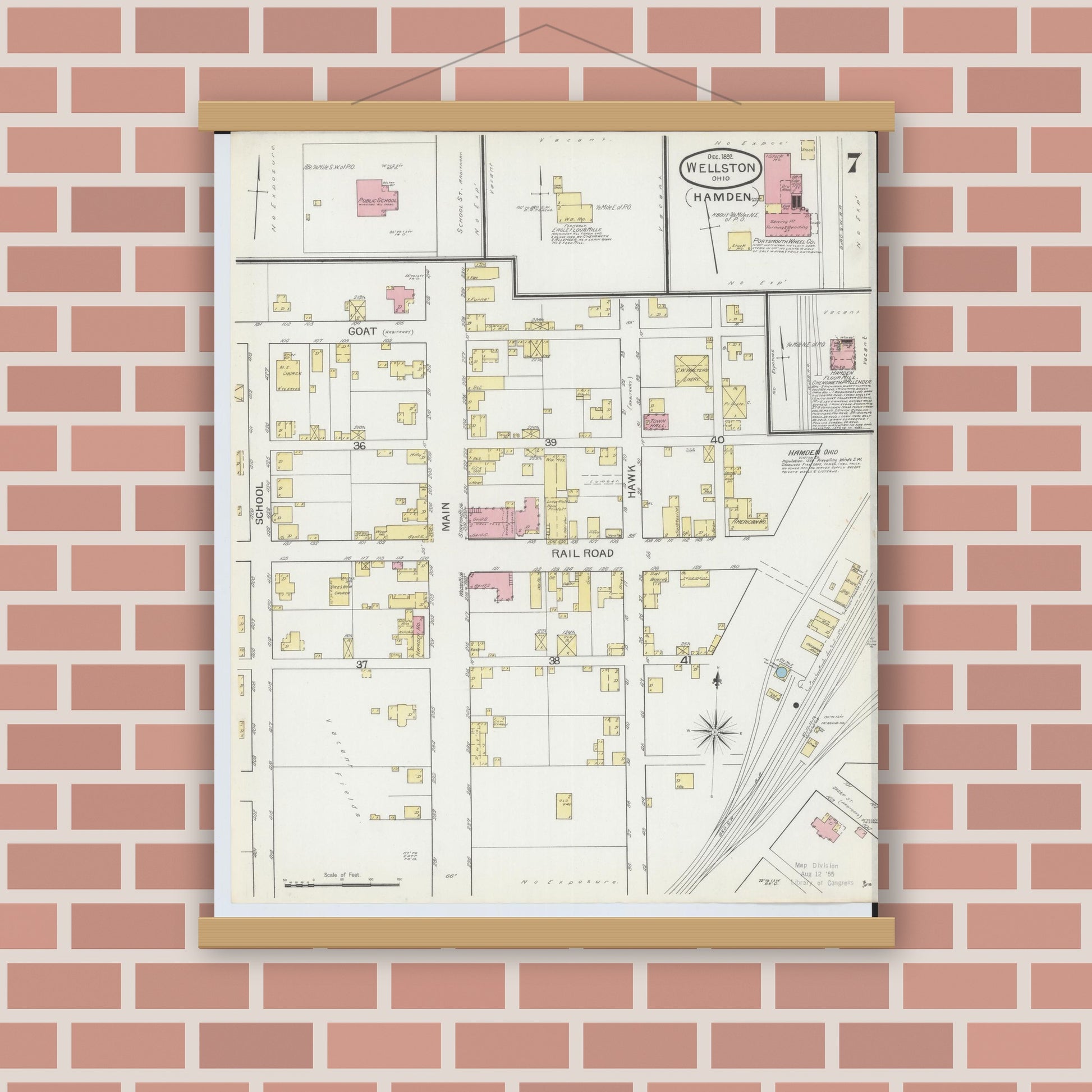 Old map wall art mockup — magnetic wood frame on brick wall — Sanborn Fire Insurance Map from Wellston, Jackson County, Ohio (1892), Sheet #0007
