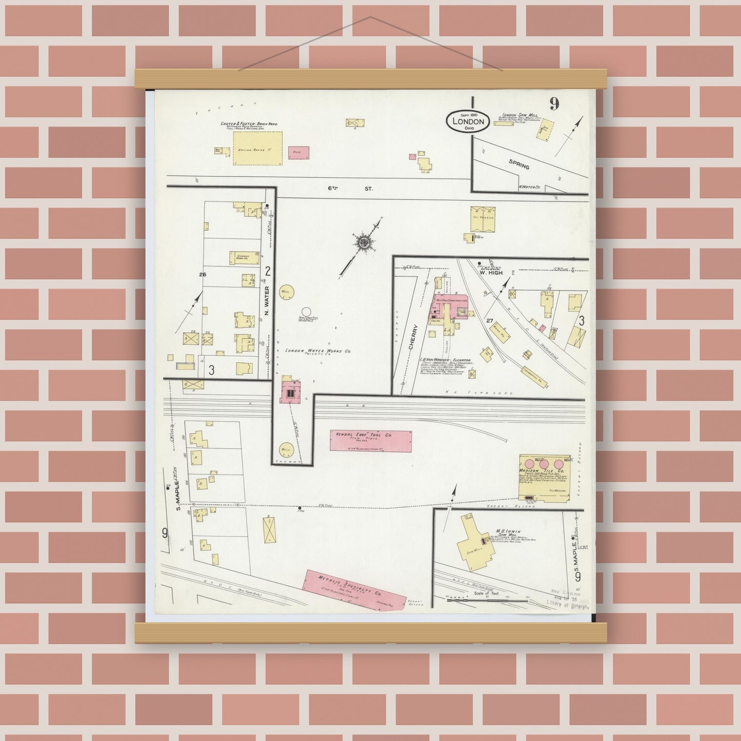 Old map wall art mockup — magnetic wood frame on brick wall — Sanborn Fire Insurance Map from London, Madison County, Ohio (1910), Sheet #0009