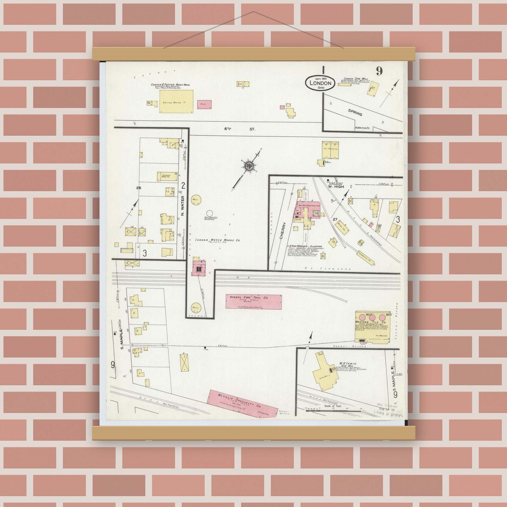 Old map wall art mockup — magnetic wood frame on brick wall — Sanborn Fire Insurance Map from London, Madison County, Ohio (1910), Sheet #0009
