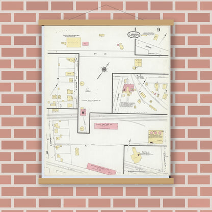 Old map wall art mockup — magnetic wood frame on brick wall — Sanborn Fire Insurance Map from London, Madison County, Ohio (1910), Sheet #0009