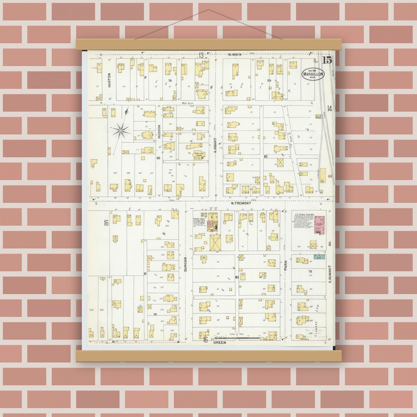 Old map wall art mockup — magnetic wood frame on brick wall — Sanborn Fire Insurance Map from Massillon, Stark County, Ohio (1901), Sheet #0015