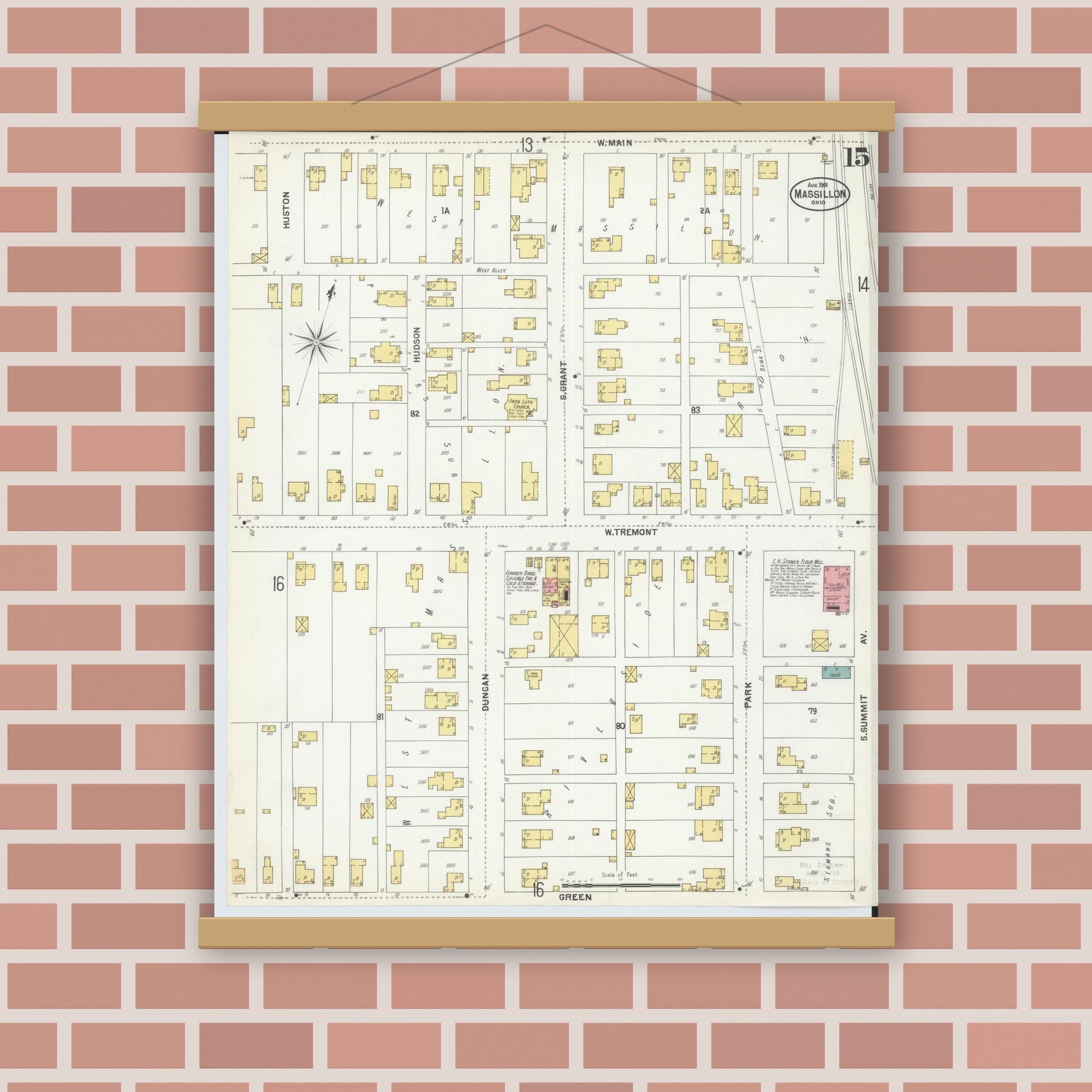 Old map wall art mockup — magnetic wood frame on brick wall — Sanborn Fire Insurance Map from Massillon, Stark County, Ohio (1901), Sheet #0015