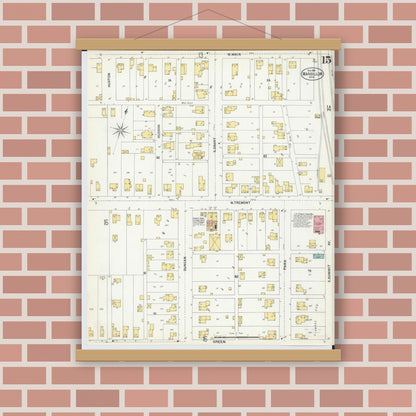 Old map wall art mockup — magnetic wood frame on brick wall — Sanborn Fire Insurance Map from Massillon, Stark County, Ohio (1901), Sheet #0015