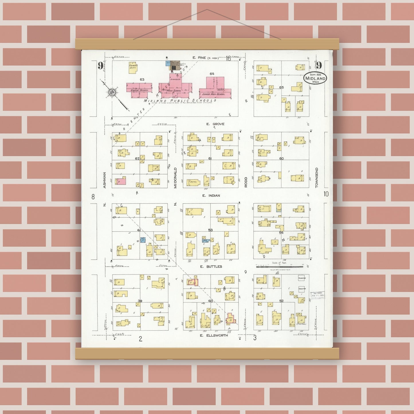 Old map wall art mockup — magnetic wood frame on brick wall — Sanborn Fire Insurance Map from Midland, Midland County, Michigan (1926), Sheet #0009