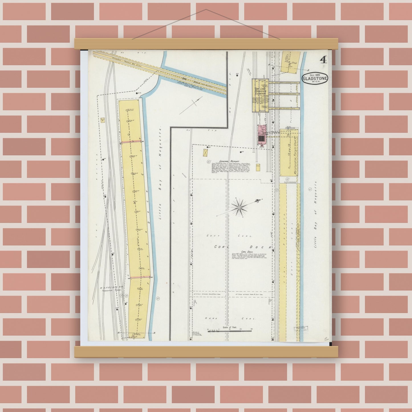Old map wall art mockup — magnetic wood frame on brick wall — Sanborn Fire Insurance Map from Gladstone, Delta County, Michigan (1893), Sheet #0004