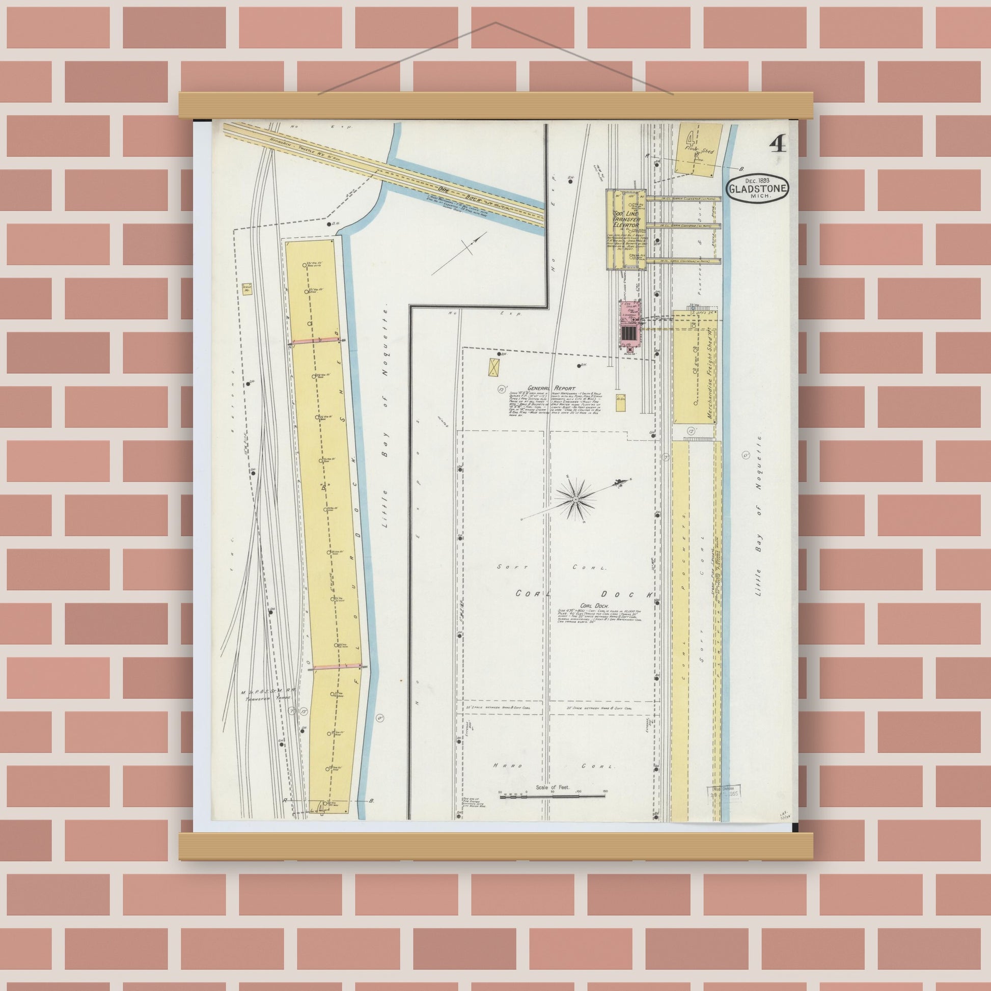 Old map wall art mockup — magnetic wood frame on brick wall — Sanborn Fire Insurance Map from Gladstone, Delta County, Michigan (1893), Sheet #0004
