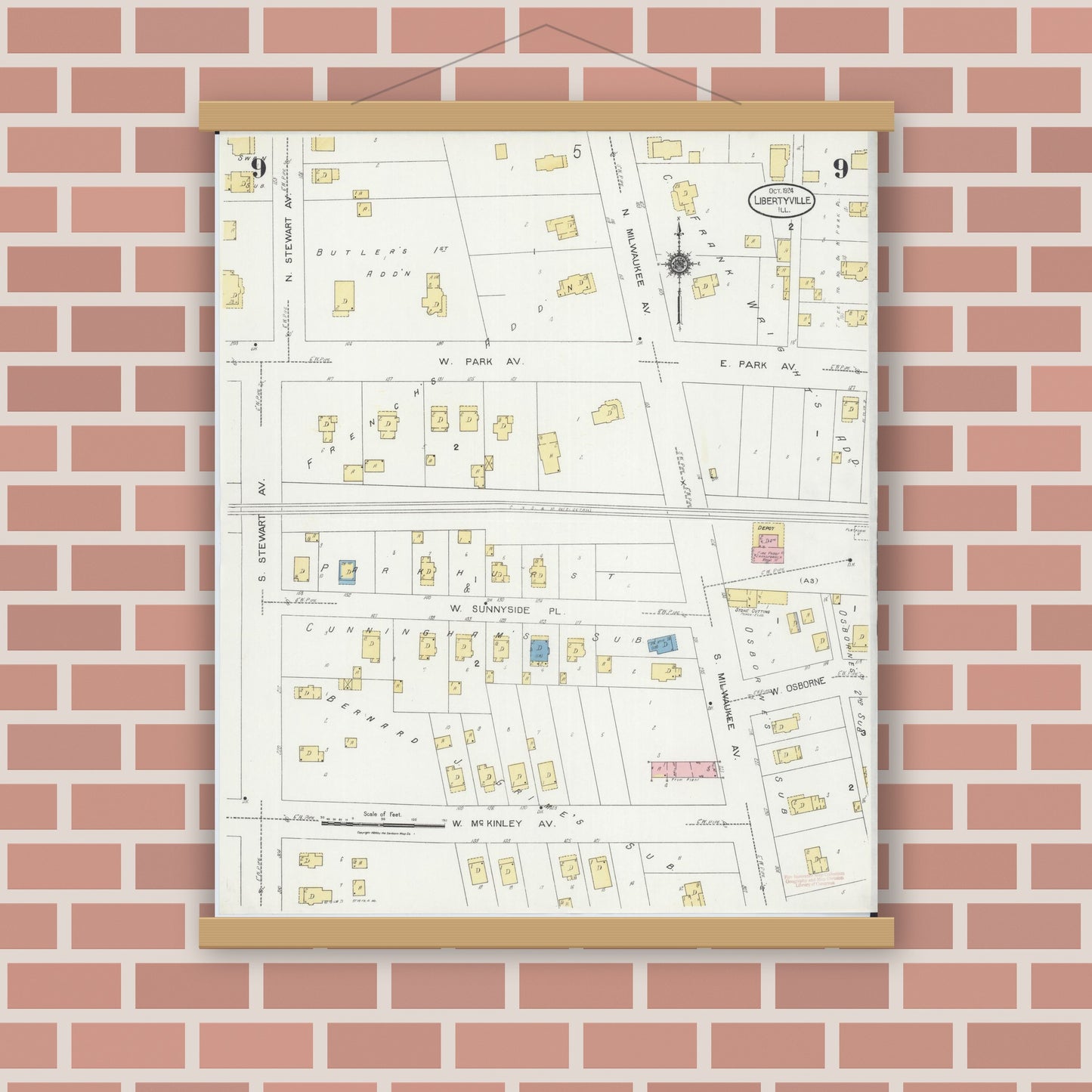 Old map wall art mockup — magnetic wood frame on brick wall — Sanborn Fire Insurance Map from Libertyville, Lake County, Illinois (1924), Sheet #0009