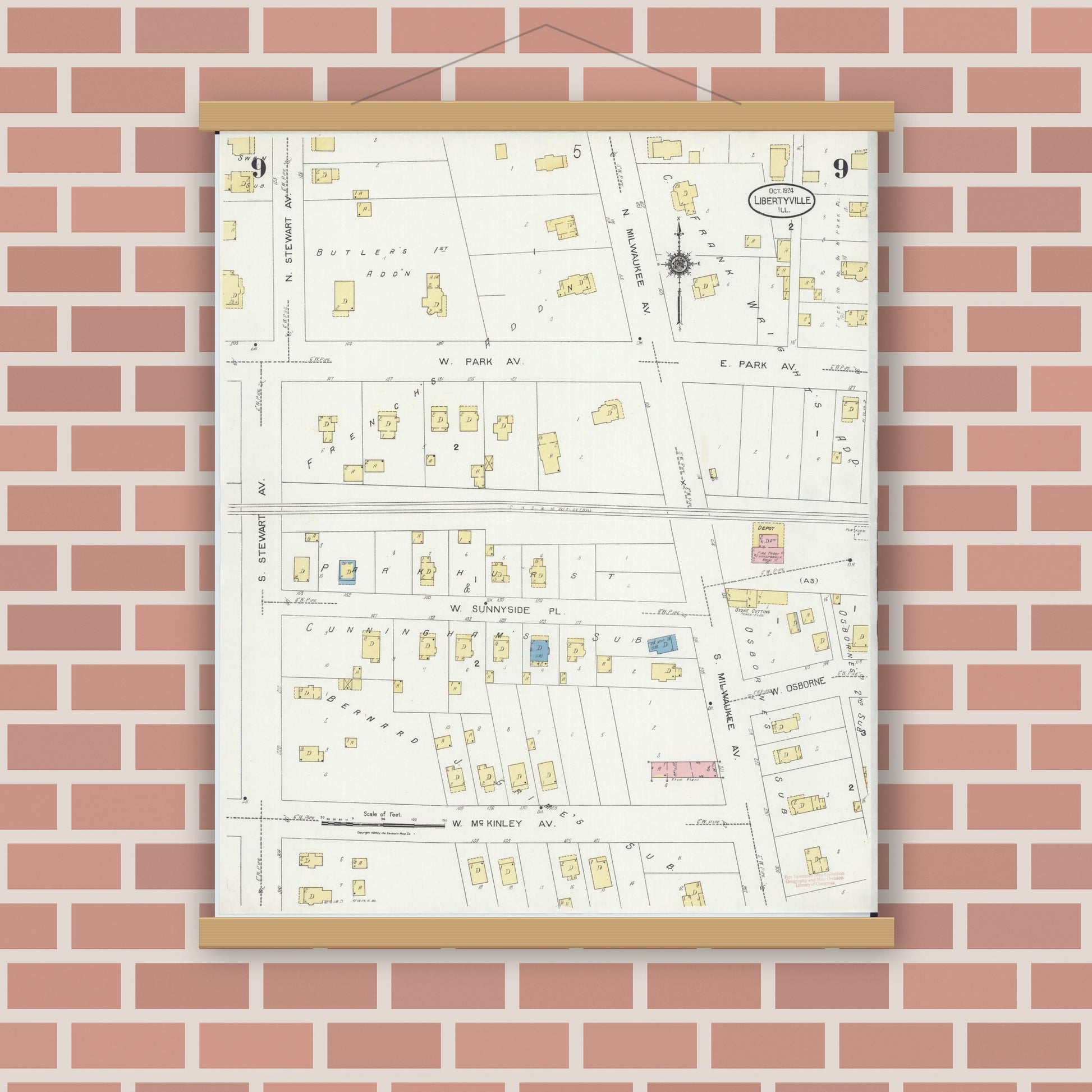 Old map wall art mockup — magnetic wood frame on brick wall — Sanborn Fire Insurance Map from Libertyville, Lake County, Illinois (1924), Sheet #0009