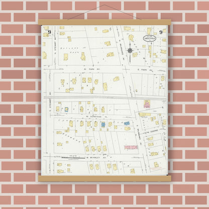 Old map wall art mockup — magnetic wood frame on brick wall — Sanborn Fire Insurance Map from Libertyville, Lake County, Illinois (1924), Sheet #0009