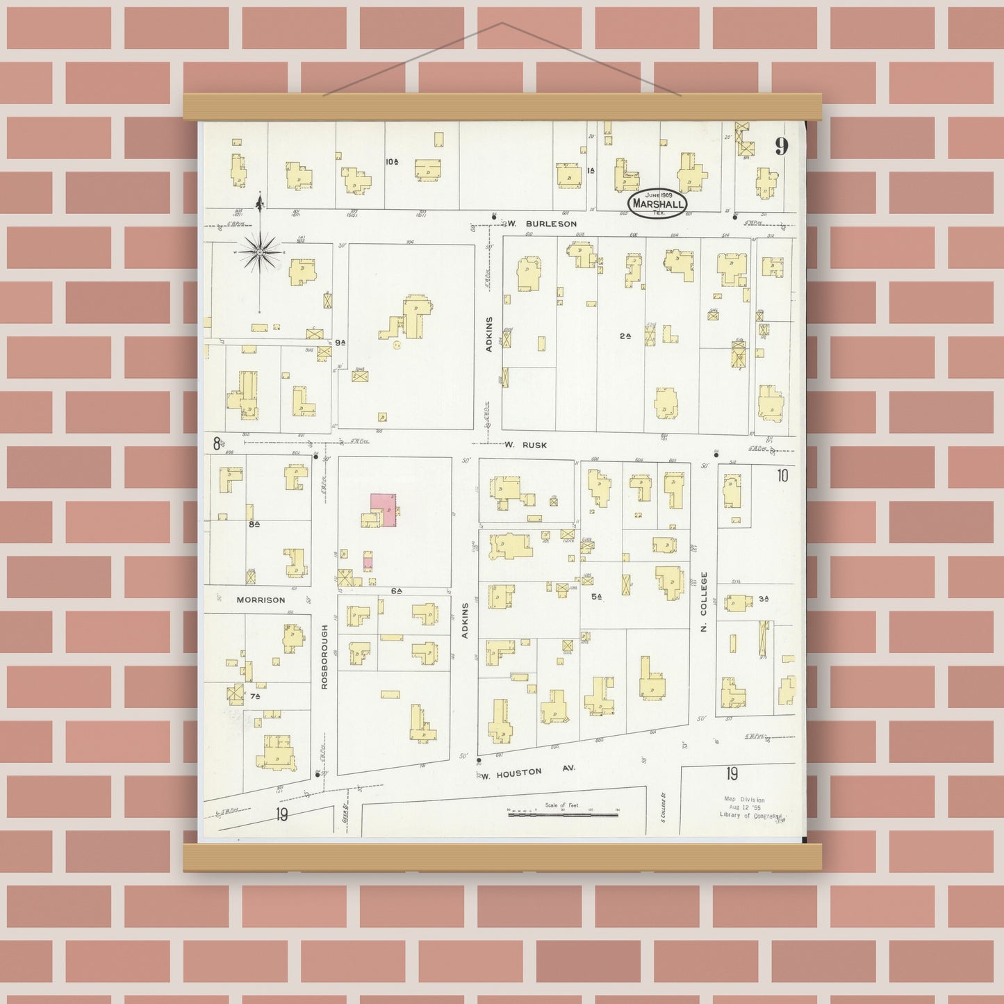 Old map wall art mockup — magnetic wood frame on brick wall — Sanborn Fire Insurance Map from Marshall, Harrison County, Texas (1909), Sheet #0009