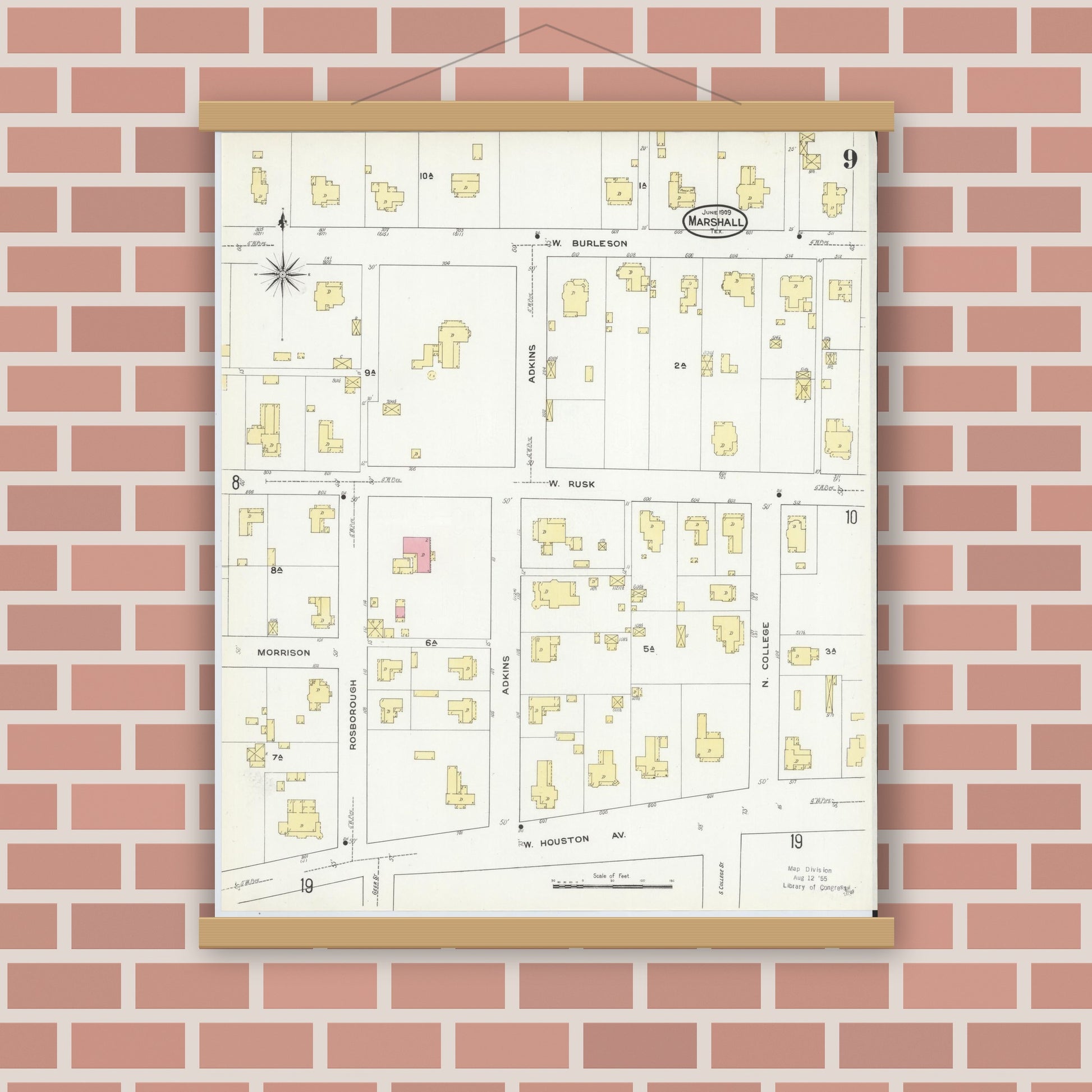 Old map wall art mockup — magnetic wood frame on brick wall — Sanborn Fire Insurance Map from Marshall, Harrison County, Texas (1909), Sheet #0009