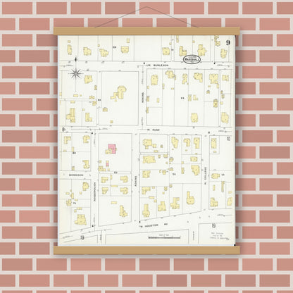 Old map wall art mockup — magnetic wood frame on brick wall — Sanborn Fire Insurance Map from Marshall, Harrison County, Texas (1909), Sheet #0009