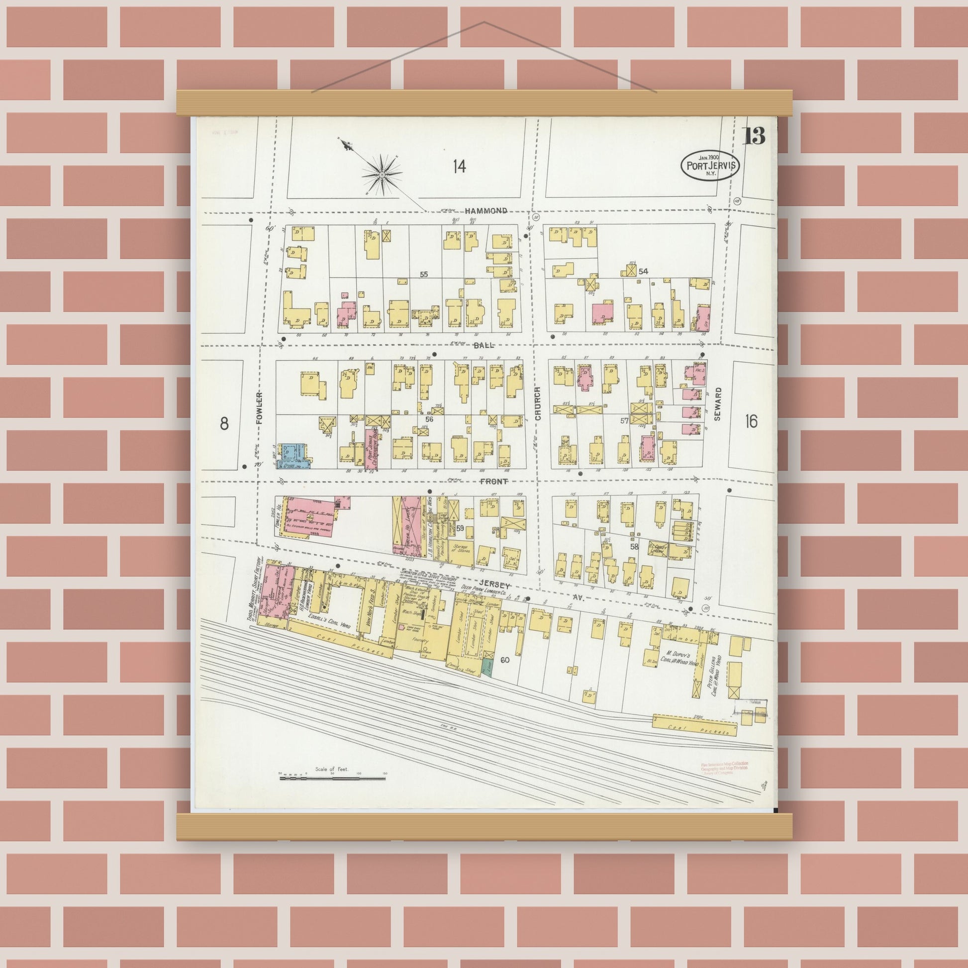 Old map wall art mockup — magnetic wood frame on brick wall — Sanborn Fire Insurance Map from Port Jervis, Orange County, New York (1900), Sheet #0013