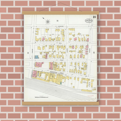 Old map wall art mockup — magnetic wood frame on brick wall — Sanborn Fire Insurance Map from Port Jervis, Orange County, New York (1900), Sheet #0013