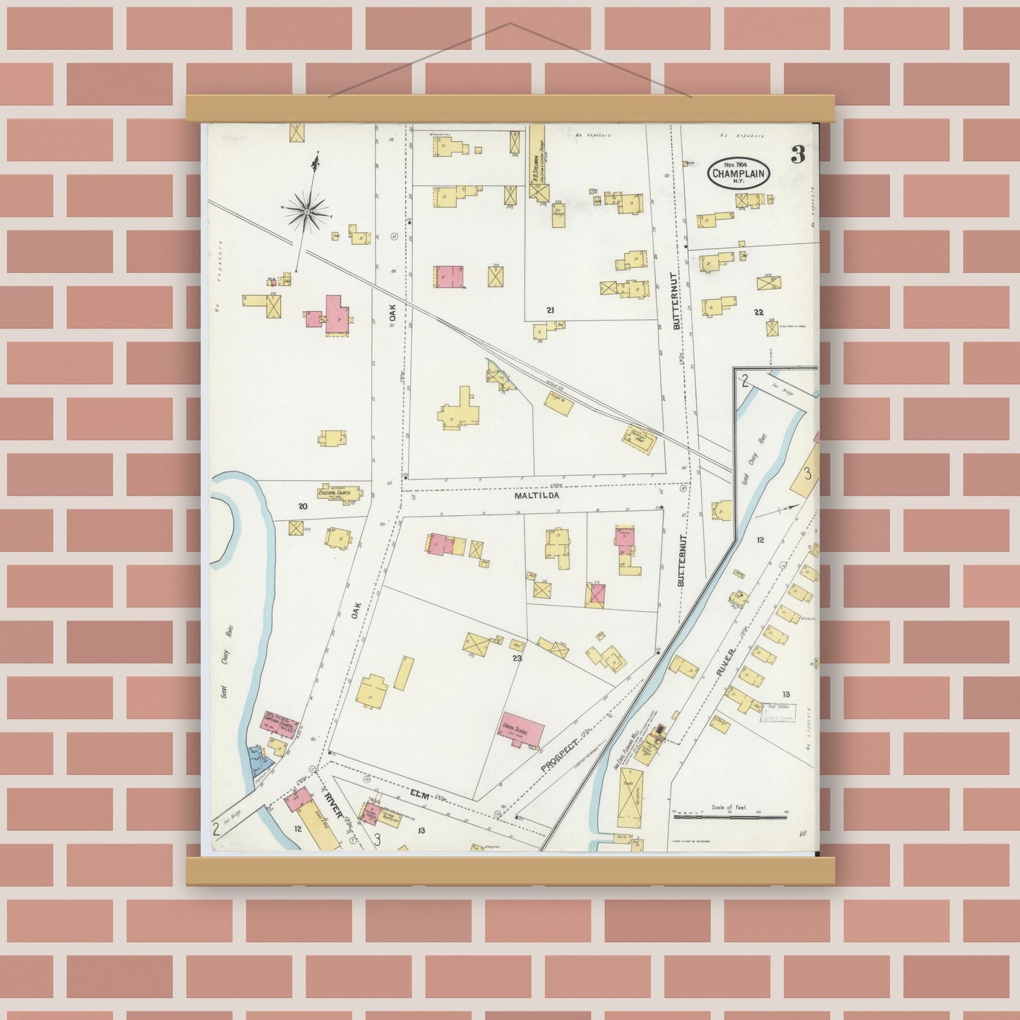 Old map wall art mockup — magnetic wood frame on brick wall — Sanborn Fire Insurance Map from Champlain, Clinton County, New York (1904), Sheet #0003