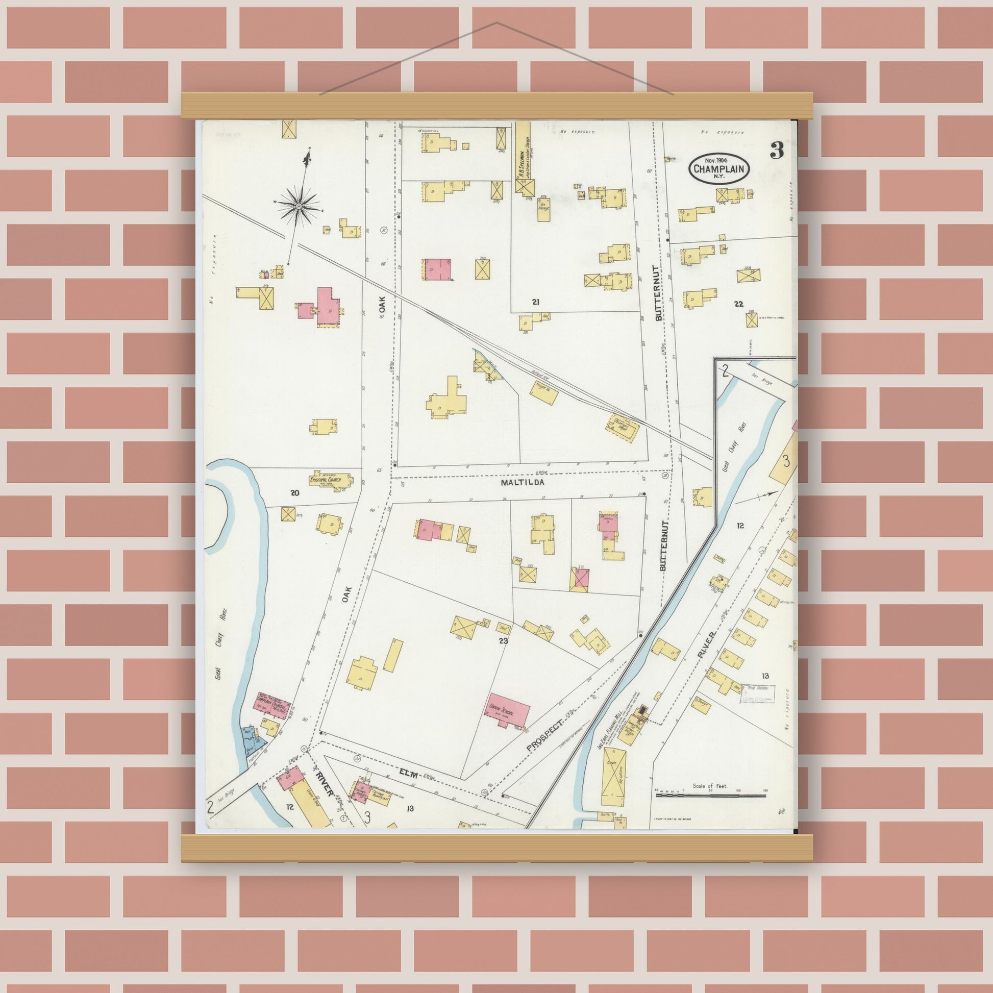 Old map wall art mockup — magnetic wood frame on brick wall — Sanborn Fire Insurance Map from Champlain, Clinton County, New York (1904), Sheet #0003