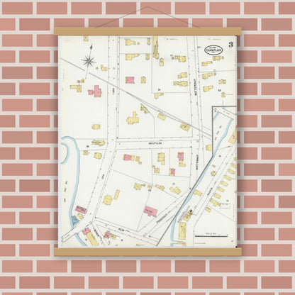 Old map wall art mockup — magnetic wood frame on brick wall — Sanborn Fire Insurance Map from Champlain, Clinton County, New York (1904), Sheet #0003