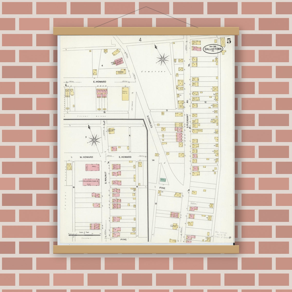 Old map wall art mockup — magnetic wood frame on brick wall — Sanborn Fire Insurance Map from Dallastown, York County, Pennsylvania (1908), Sheet #0005