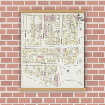 Old map wall art mockup — magnetic wood frame on brick wall — Sanborn Fire Insurance Map from Chelsea, Suffolk County, Massachusetts (1889), Sheet #0013