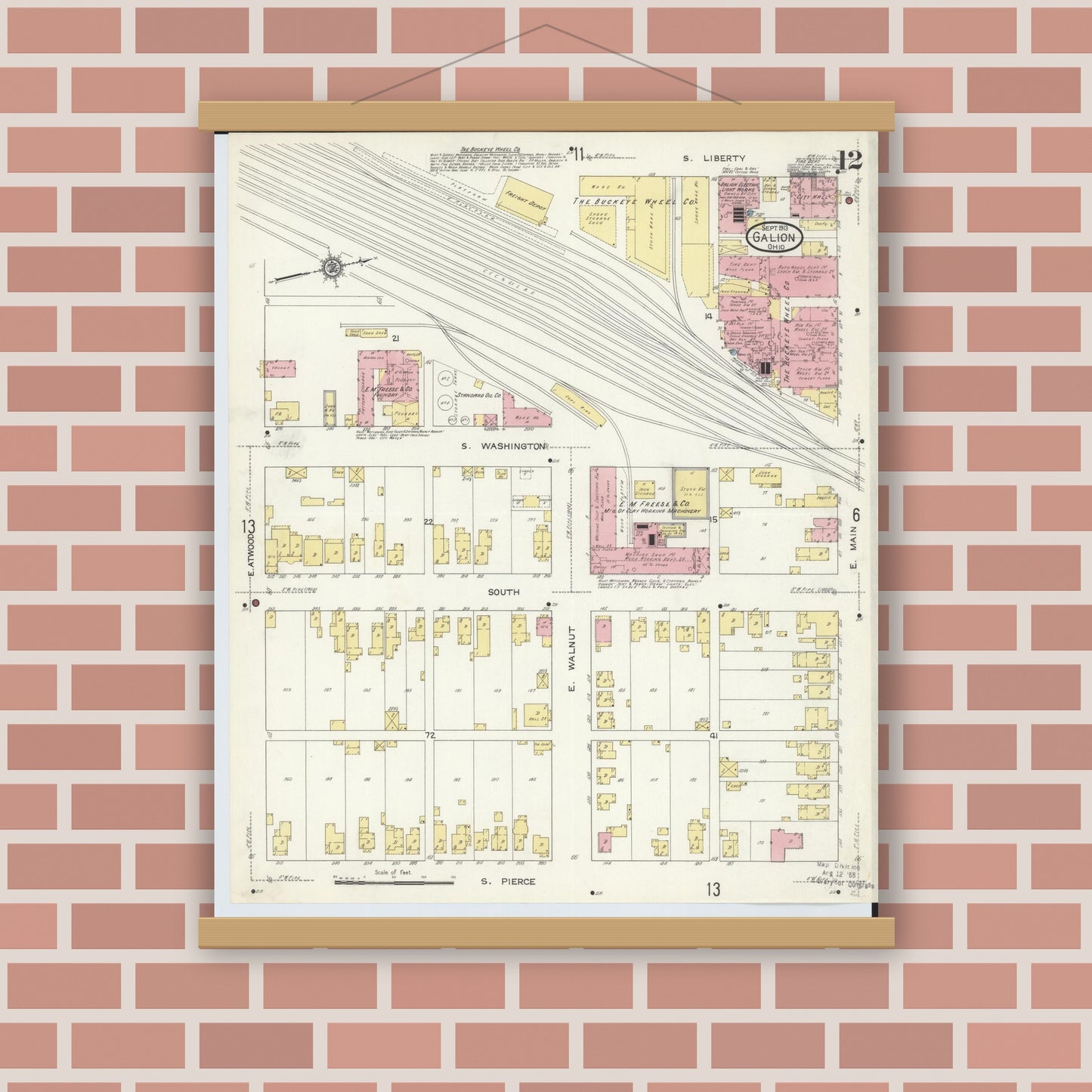 Old map wall art mockup — magnetic wood frame on brick wall — Sanborn Fire Insurance Map from Galion, Crawford County, Ohio (1913), Sheet #0012